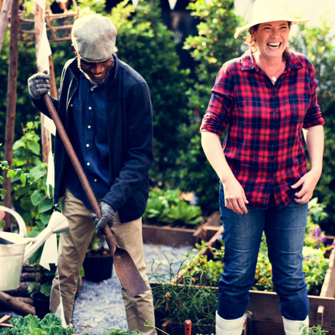 boomers playing outside by gardening