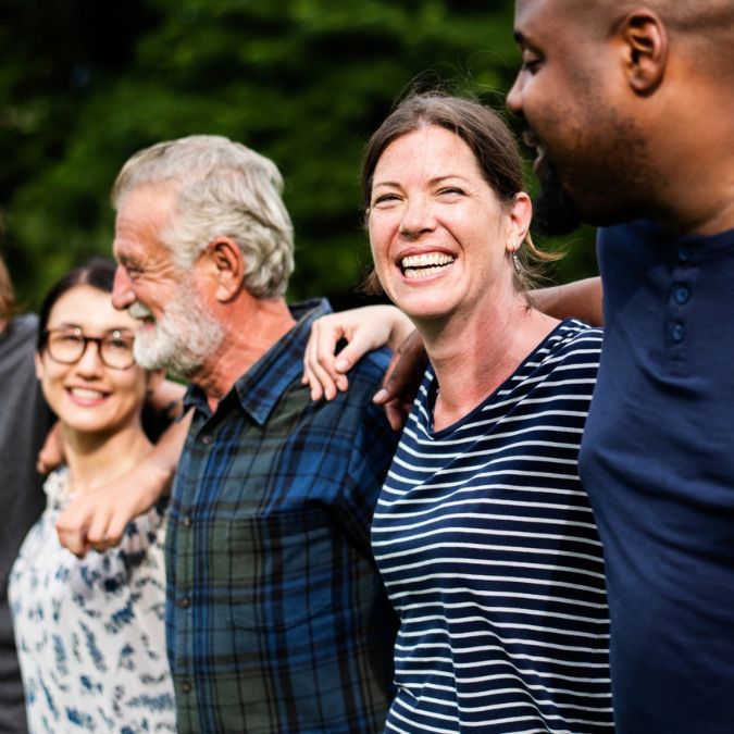 a group of people smiling